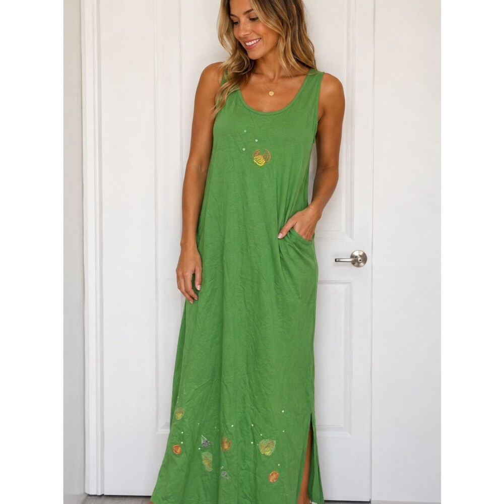 Lime Green Sleeveless Maxi Dress with Small Chest Motif